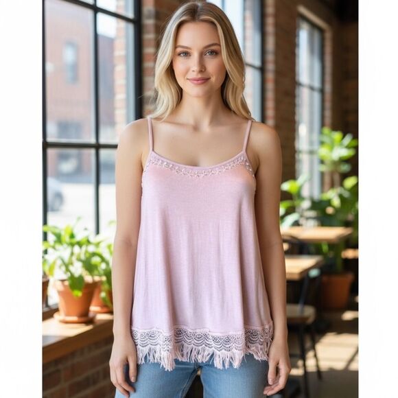 NEW POL Mauve Pink Crochet Lace Embroidered Fringe Tank Top - Picture 1 of 5